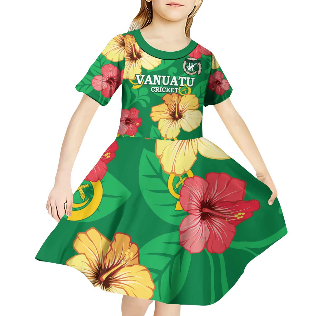 Custom Vanuatu Cricket Kid Short Sleeve Dress 2024 Tropical Flowers Version LT14 - Polynesian Pride