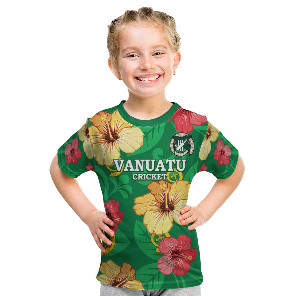 Custom Vanuatu Cricket Kid T Shirt 2024 Tropical Flowers Version LT14 Green - Polynesian Pride