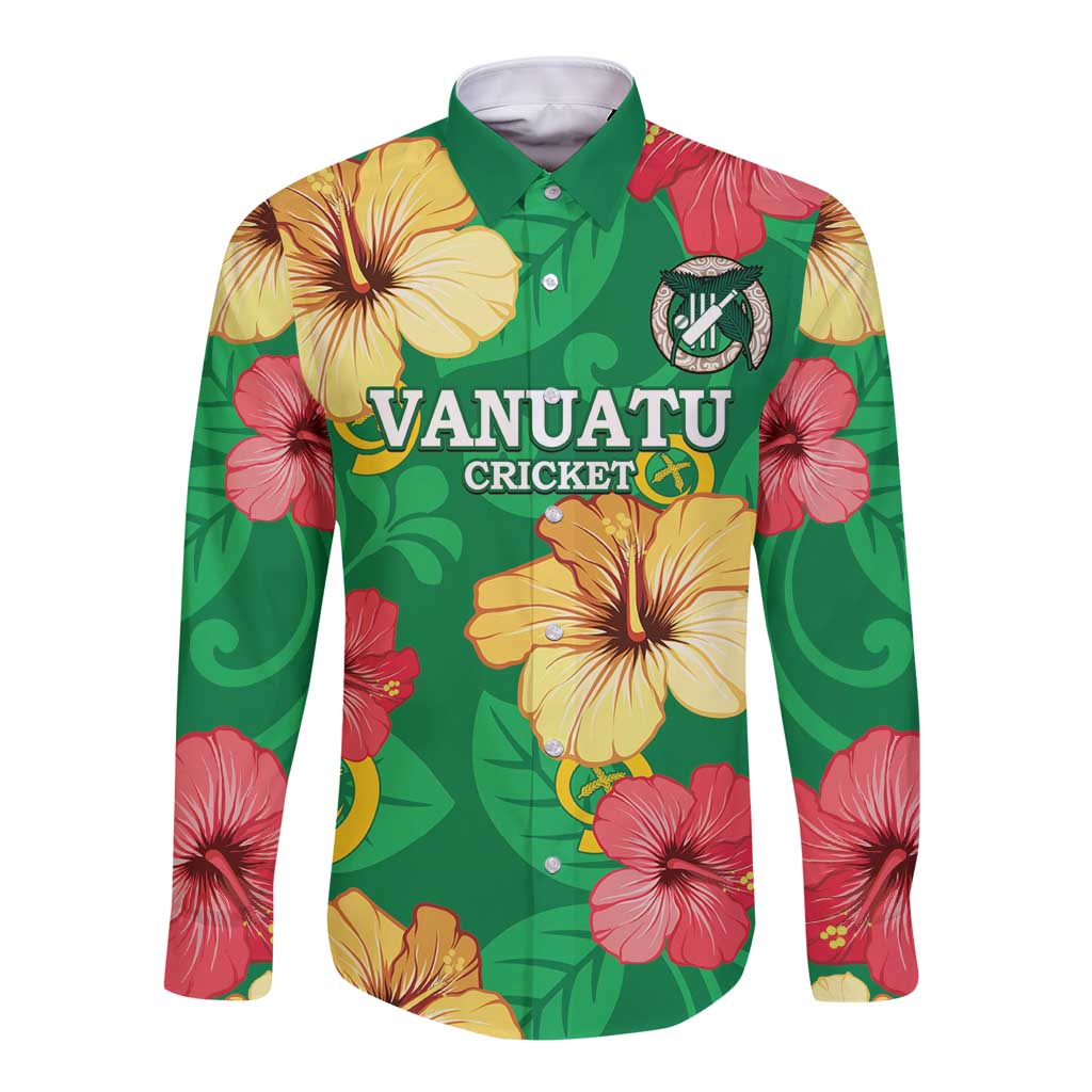 Custom Vanuatu Cricket Long Sleeve Button Shirt 2024 Tropical Flowers Version LT14 Unisex Green - Polynesian Pride
