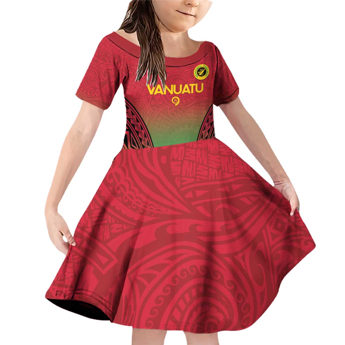 Custom Vanuatu Cricket Family Matching Off Shoulder Short Dress and Hawaiian Shirt 2024 Polynesian Pattern Sporty Style LT14 Daughter's Dress Red - Polynesian Pride
