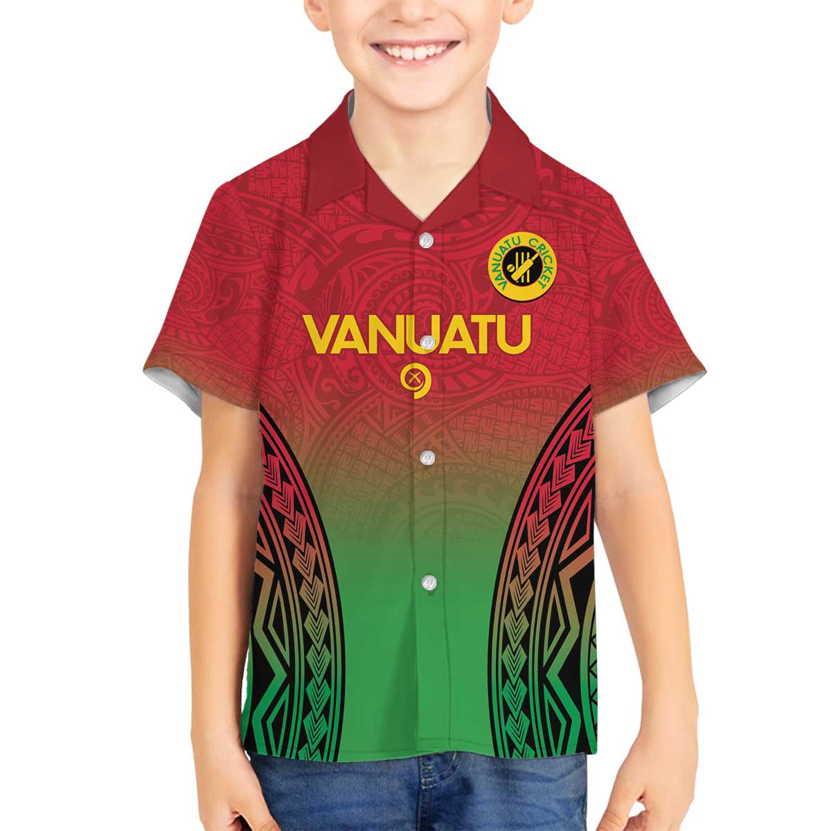 Custom Vanuatu Cricket Family Matching Off Shoulder Short Dress and Hawaiian Shirt 2024 Polynesian Pattern Sporty Style LT14 Son's Shirt Red - Polynesian Pride