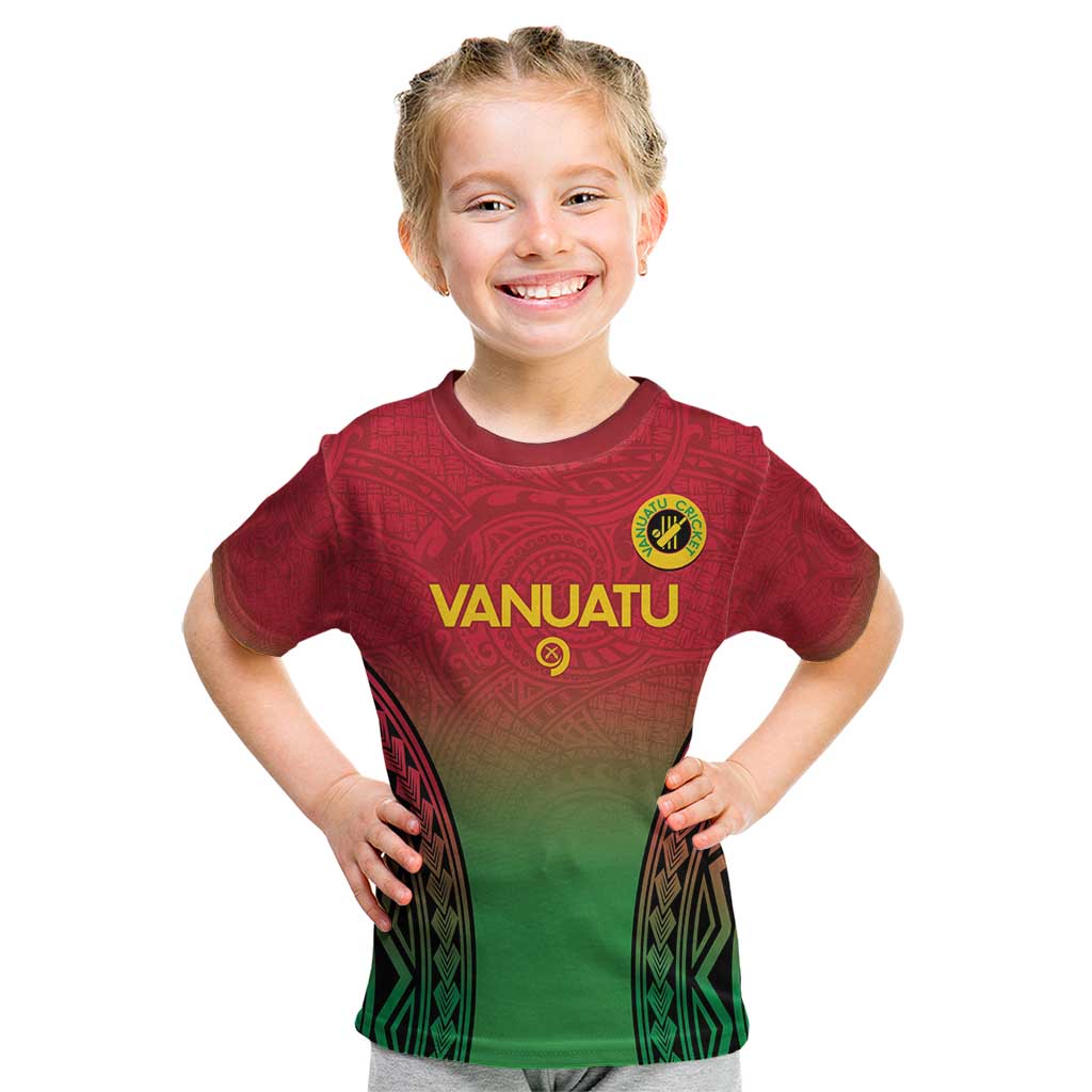 Custom Vanuatu Cricket Kid T Shirt 2024 Polynesian Pattern Sporty Style LT14 Red - Polynesian Pride