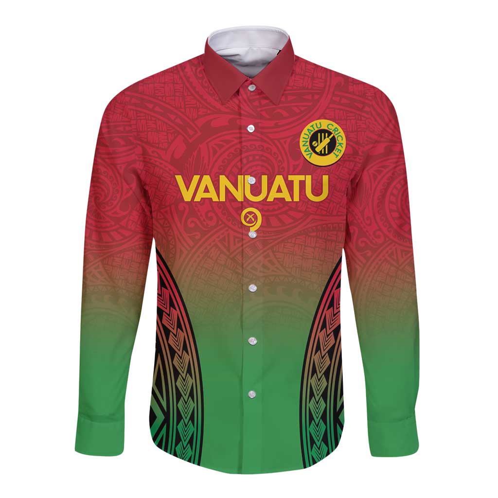 Custom Vanuatu Cricket Long Sleeve Button Shirt 2024 Polynesian Pattern Sporty Style LT14 Unisex Red - Polynesian Pride
