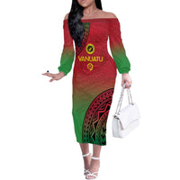 Custom Vanuatu Cricket Off The Shoulder Long Sleeve Dress 2024 Polynesian Pattern Sporty Style LT14 Women Red - Polynesian Pride