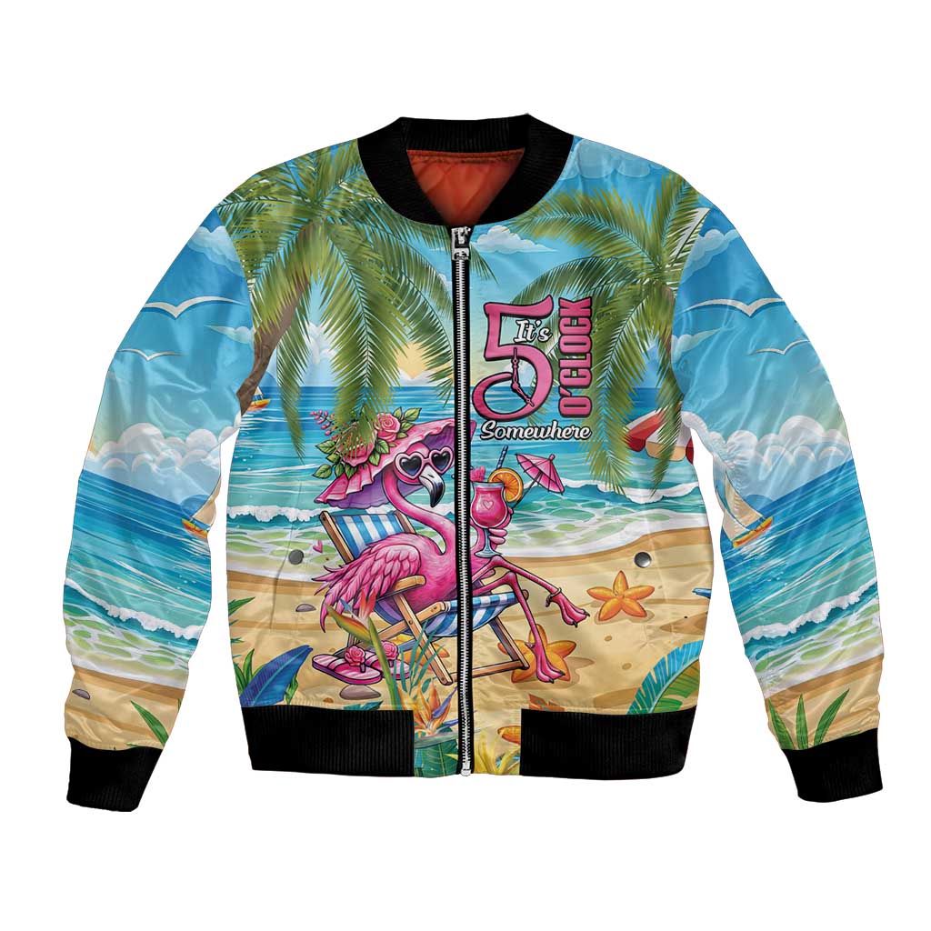 Flamingo Aloha Hawaii Bomber Jacket It's 5 O’Clock Somewhere Tropical Vibes - Polynesian Pride