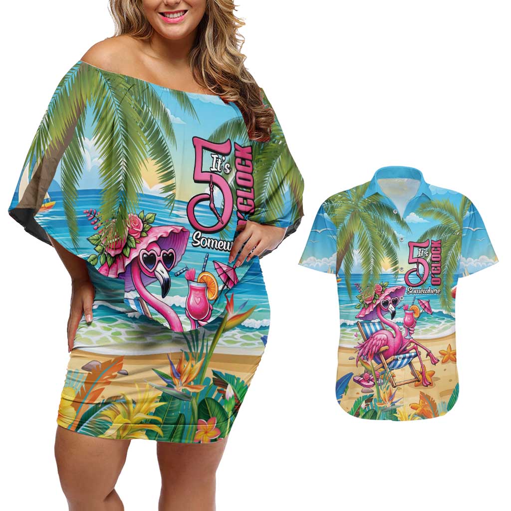Flamingo Aloha Hawaii Couples Matching Off Shoulder Short Dress and Hawaiian Shirt It's 5 O’Clock Somewhere Tropical Vibes - Polynesian Pride