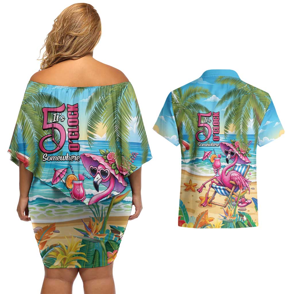 Flamingo Aloha Hawaii Couples Matching Off Shoulder Short Dress and Hawaiian Shirt It's 5 O’Clock Somewhere Tropical Vibes - Polynesian Pride
