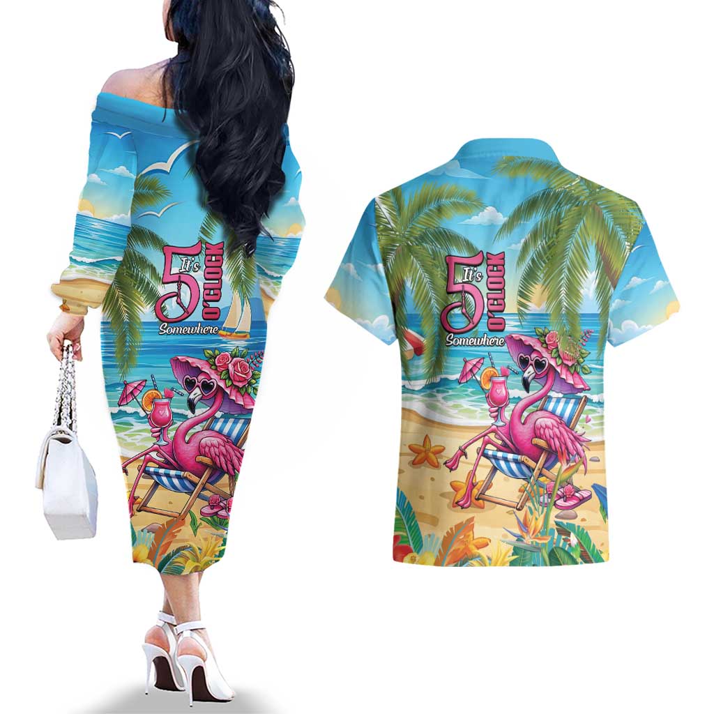 Flamingo Aloha Hawaii Couples Matching Off The Shoulder Long Sleeve Dress and Hawaiian Shirt It's 5 O’Clock Somewhere Tropical Vibes - Polynesian Pride