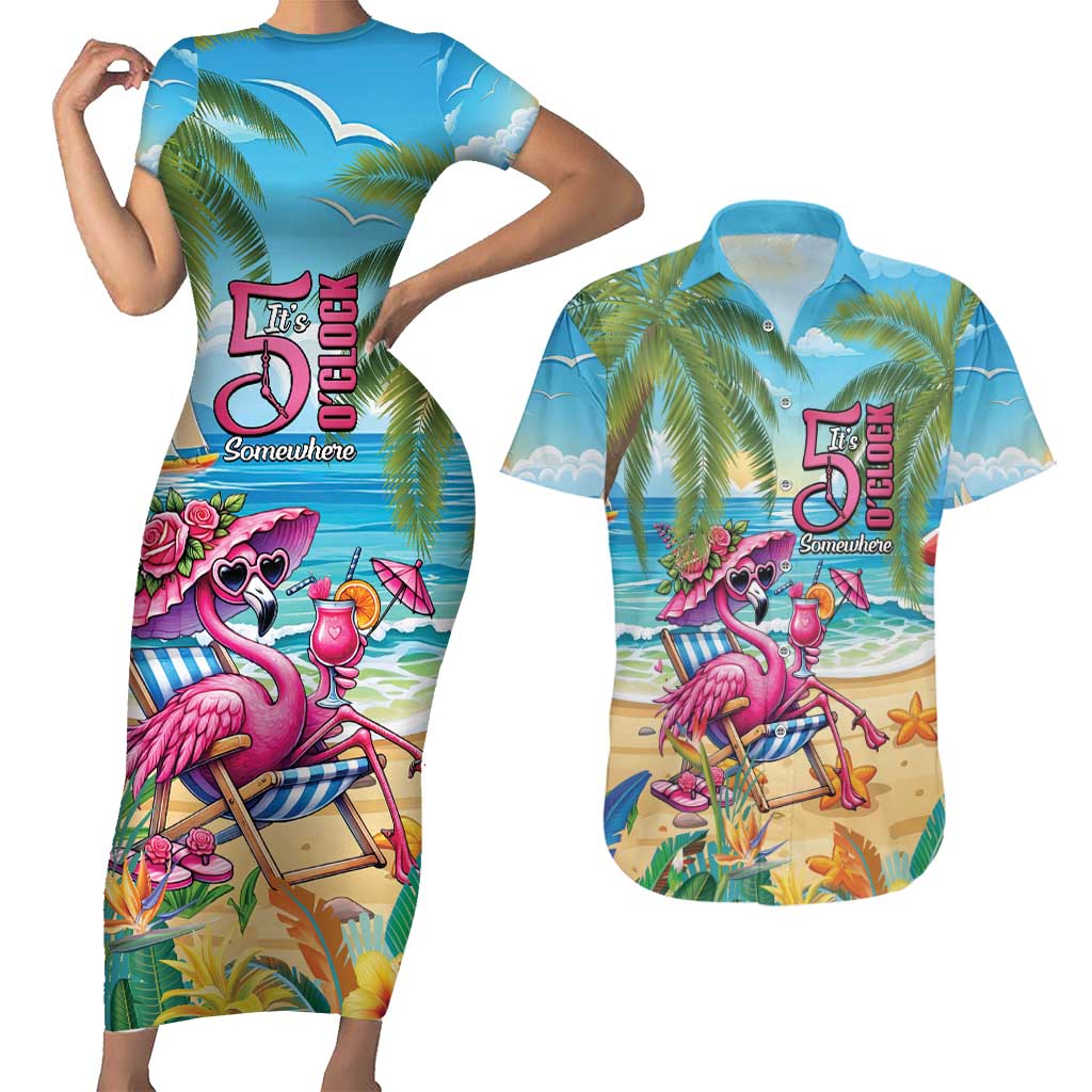 Flamingo Aloha Hawaii Couples Matching Short Sleeve Bodycon Dress and Hawaiian Shirt It's 5 O’Clock Somewhere Tropical Vibes - Polynesian Pride