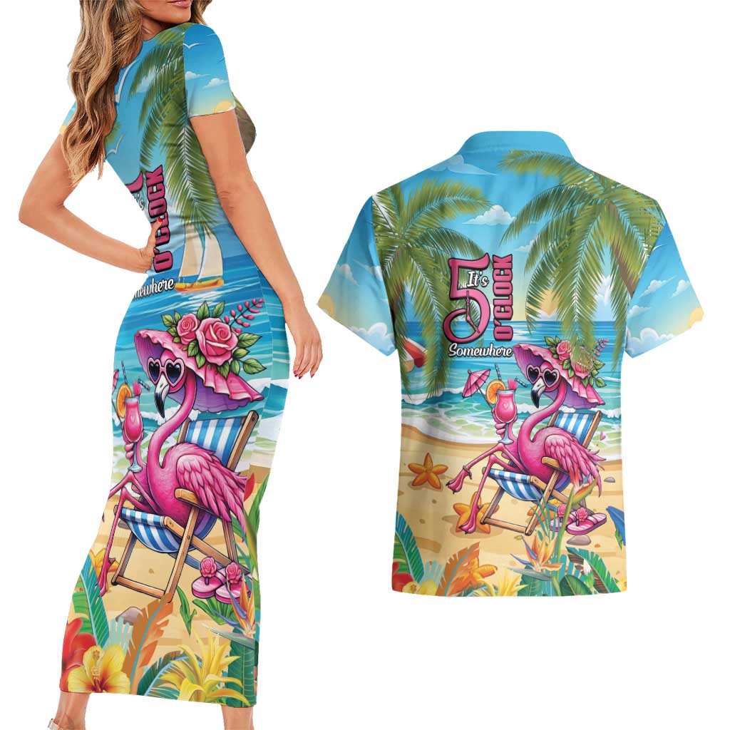 Flamingo Aloha Hawaii Couples Matching Short Sleeve Bodycon Dress and Hawaiian Shirt It's 5 O’Clock Somewhere Tropical Vibes - Polynesian Pride