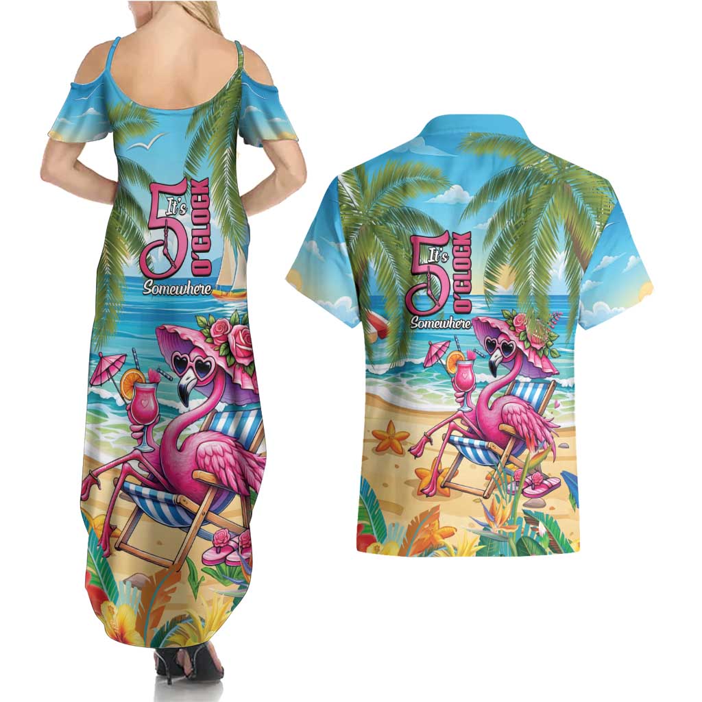 Flamingo Aloha Hawaii Couples Matching Summer Maxi Dress and Hawaiian Shirt It's 5 O’Clock Somewhere Tropical Vibes - Polynesian Pride