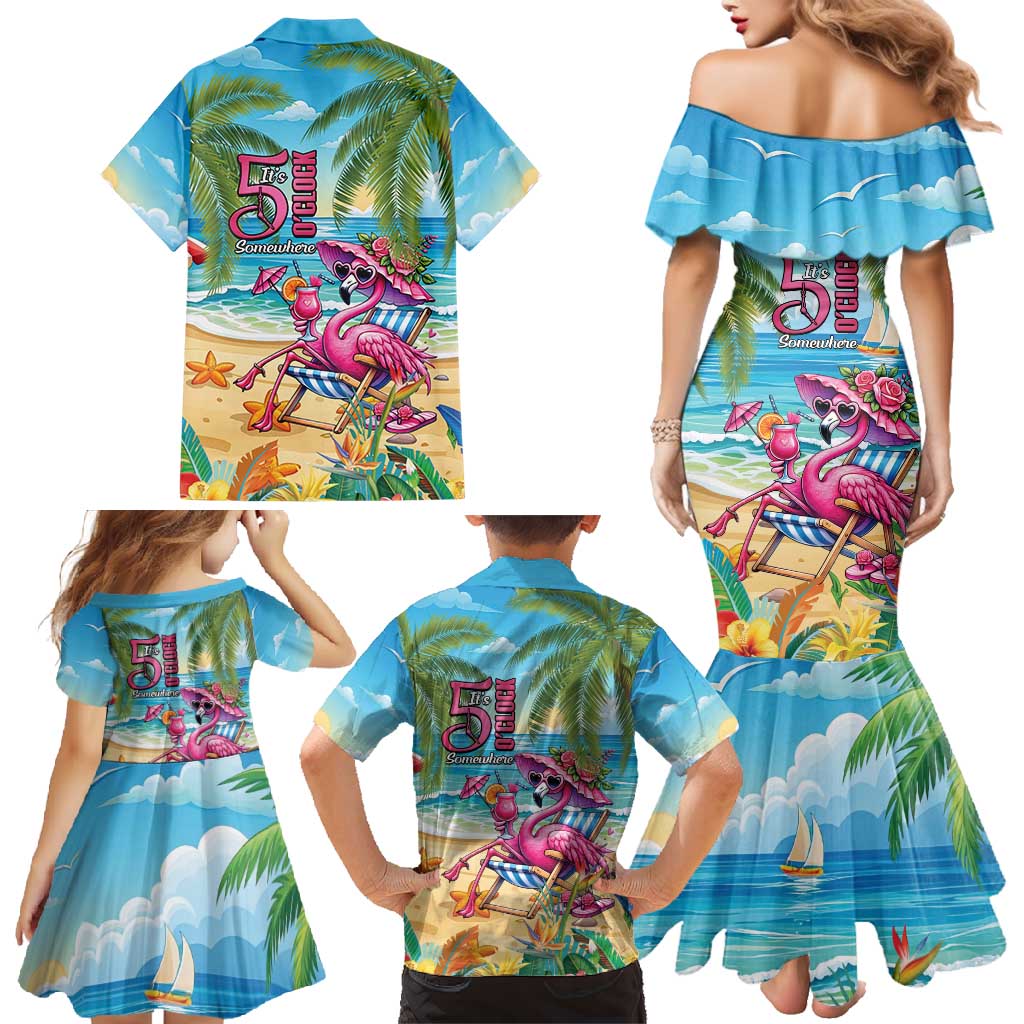Flamingo Aloha Hawaii Family Matching Mermaid Dress and Hawaiian Shirt It's 5 O’Clock Somewhere Tropical Vibes - Polynesian Pride