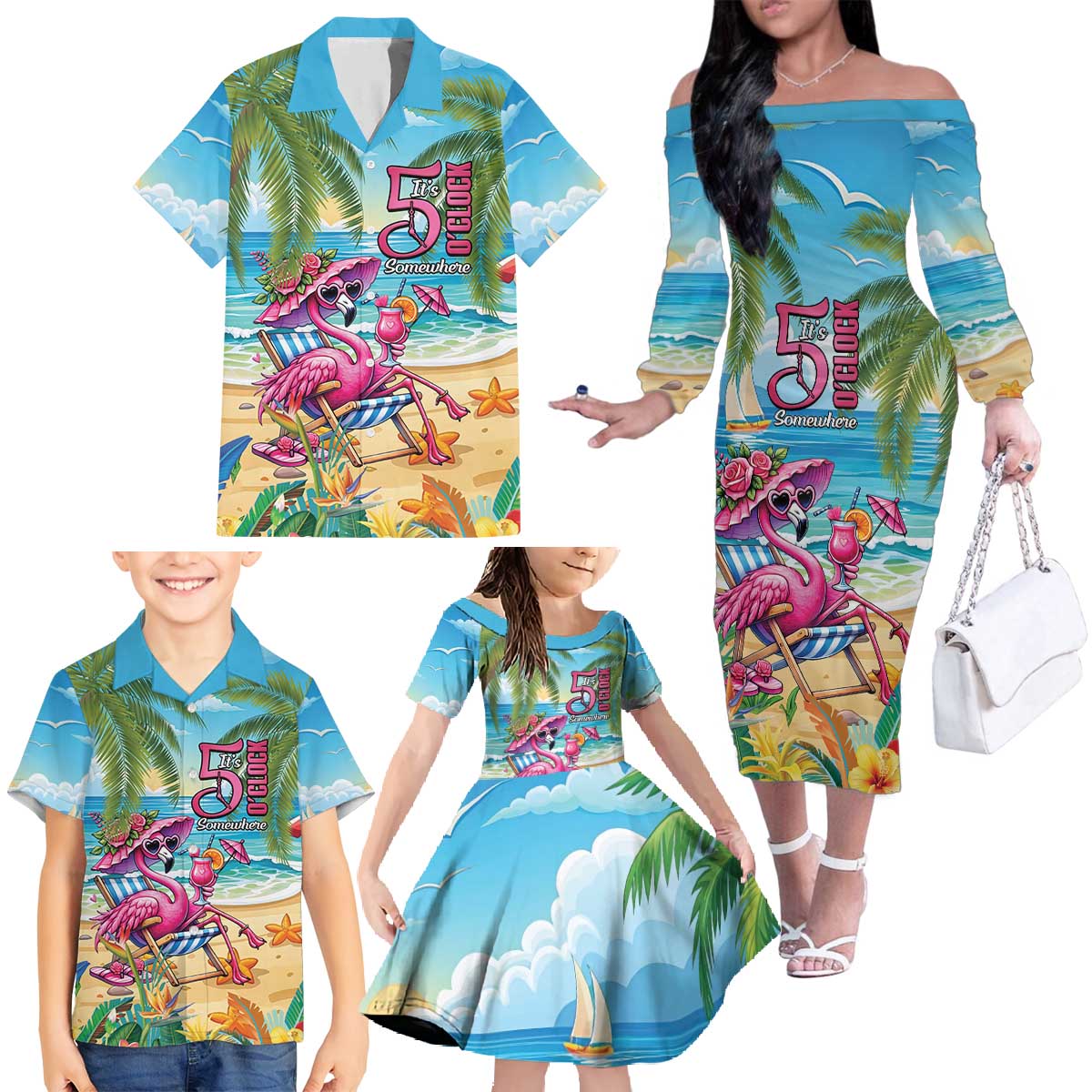 Flamingo Aloha Hawaii Family Matching Off The Shoulder Long Sleeve Dress and Hawaiian Shirt It's 5 O’Clock Somewhere Tropical Vibes - Polynesian Pride