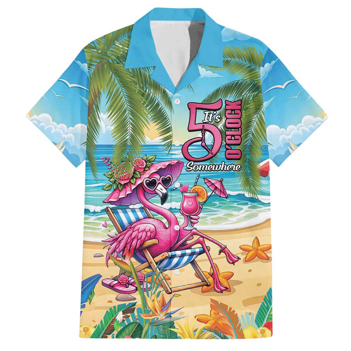 Flamingo Aloha Hawaii Family Matching Off The Shoulder Long Sleeve Dress and Hawaiian Shirt It's 5 O’Clock Somewhere Tropical Vibes - Polynesian Pride