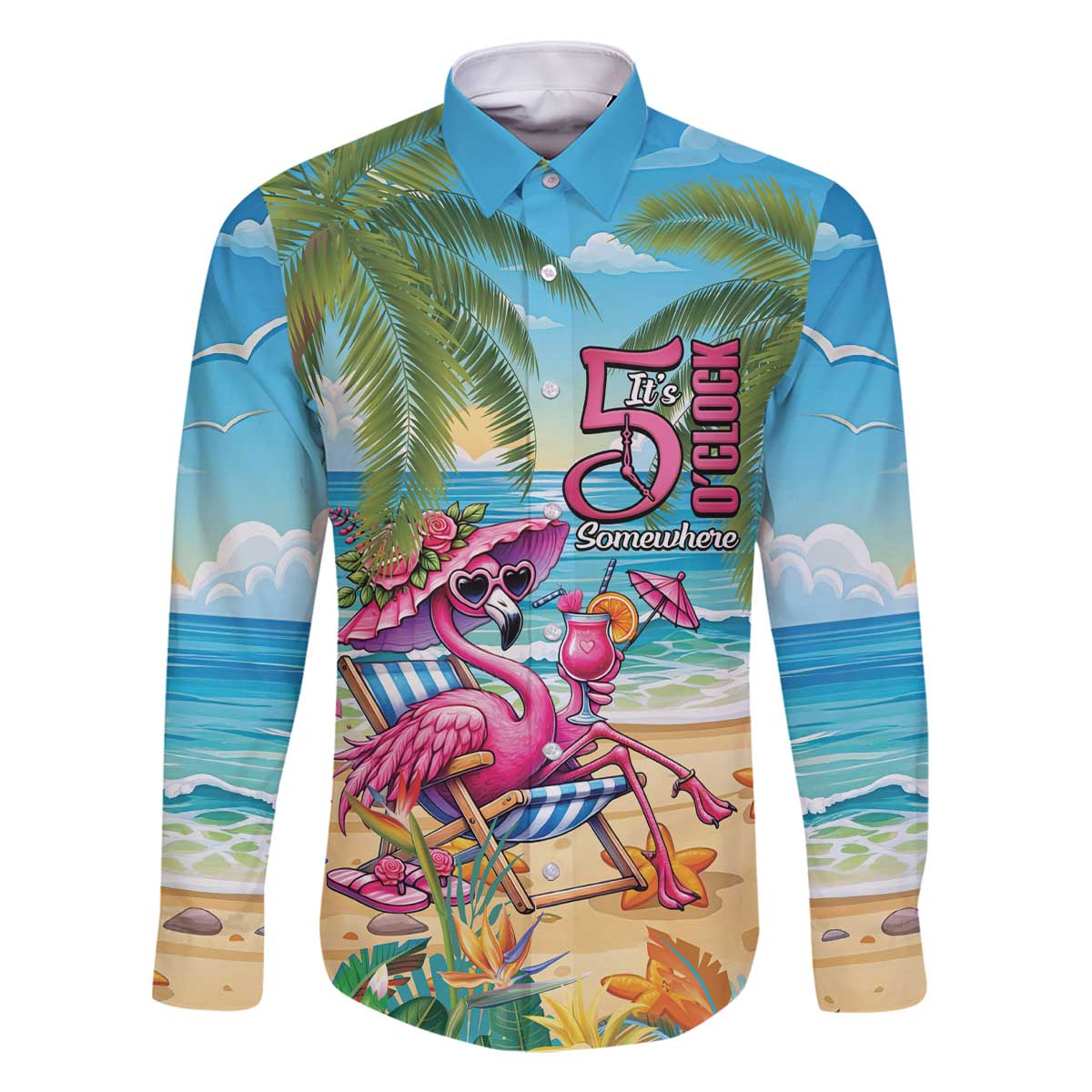 Flamingo Aloha Hawaii Family Matching Off The Shoulder Long Sleeve Dress and Hawaiian Shirt It's 5 O’Clock Somewhere Tropical Vibes - Polynesian Pride