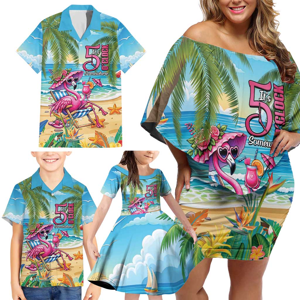 Flamingo Aloha Hawaii Family Matching Off Shoulder Short Dress and Hawaiian Shirt It's 5 O’Clock Somewhere Tropical Vibes - Polynesian Pride