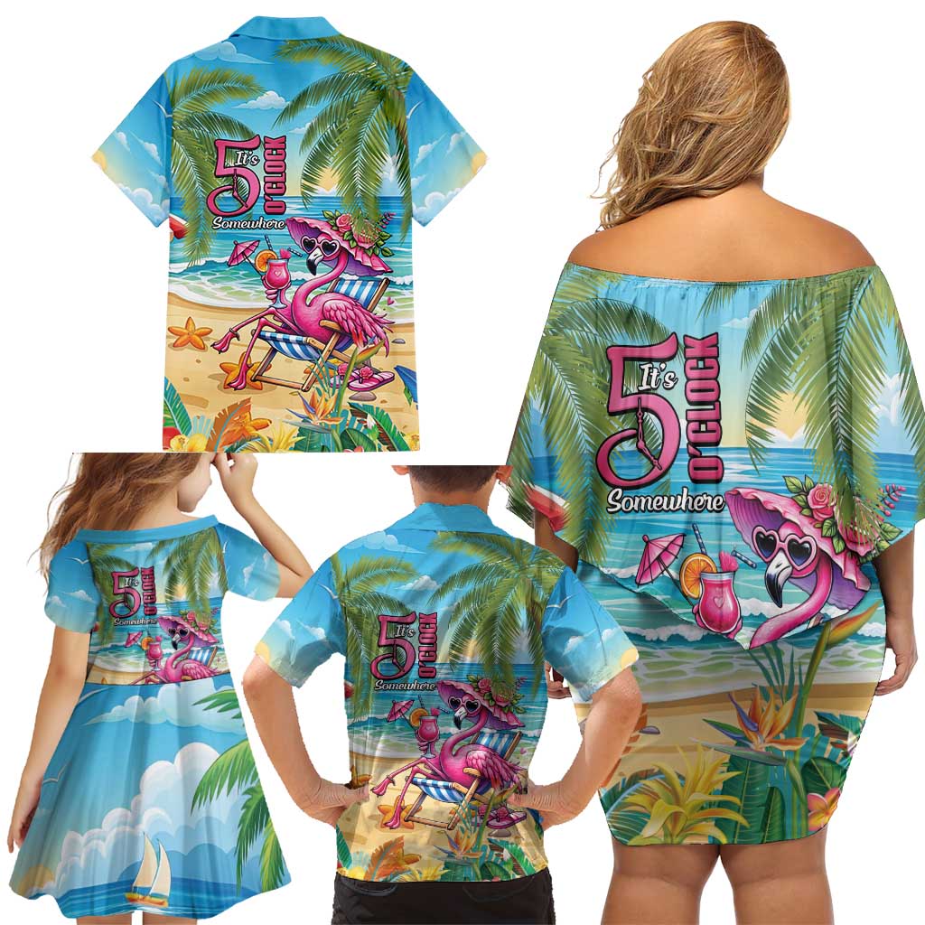 Flamingo Aloha Hawaii Family Matching Off Shoulder Short Dress and Hawaiian Shirt It's 5 O’Clock Somewhere Tropical Vibes - Polynesian Pride
