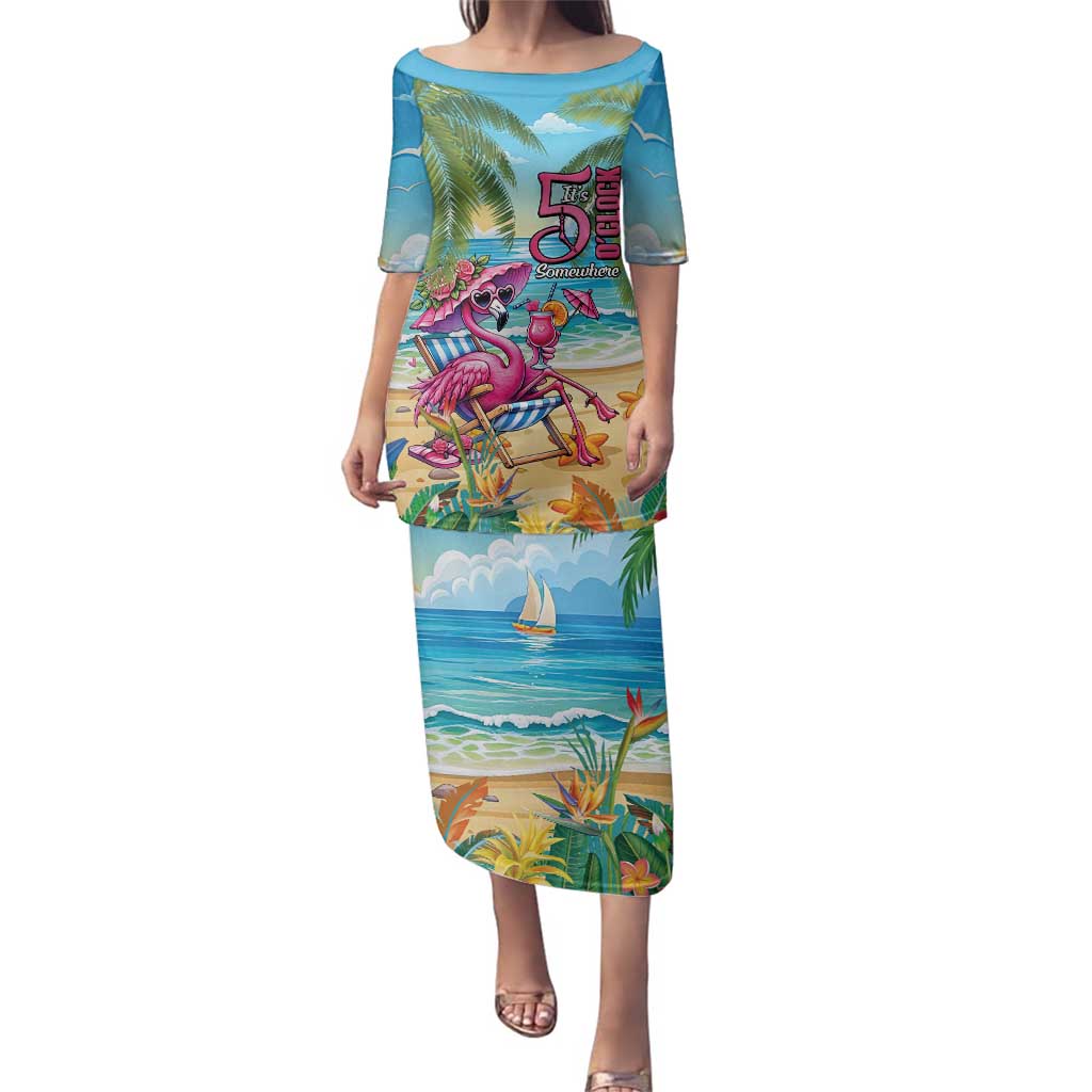 Flamingo Aloha Hawaii Family Matching Puletasi and Hawaiian Shirt It's 5 O’Clock Somewhere Tropical Vibes - Polynesian Pride