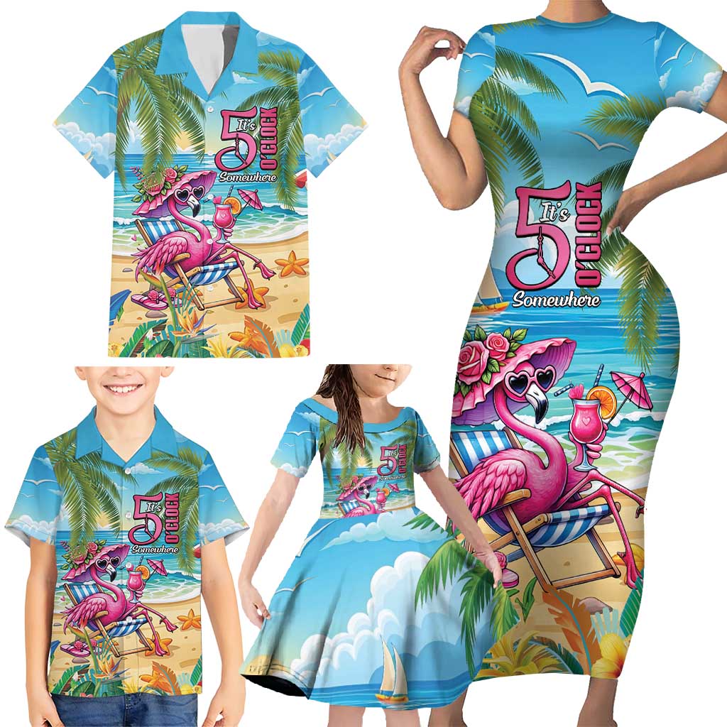 Flamingo Aloha Hawaii Family Matching Short Sleeve Bodycon Dress and Hawaiian Shirt It's 5 O’Clock Somewhere Tropical Vibes - Polynesian Pride