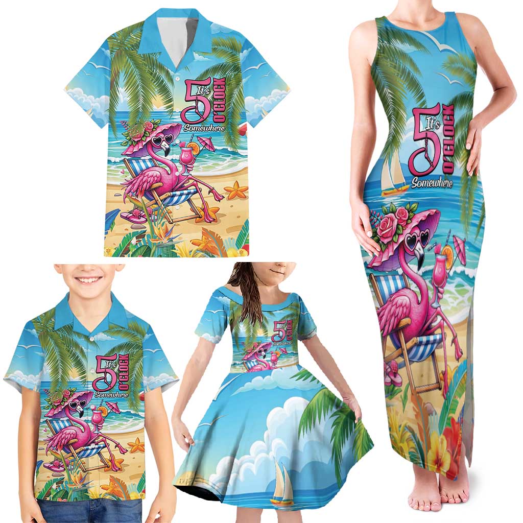 Flamingo Aloha Hawaii Family Matching Tank Maxi Dress and Hawaiian Shirt It's 5 O’Clock Somewhere Tropical Vibes - Polynesian Pride