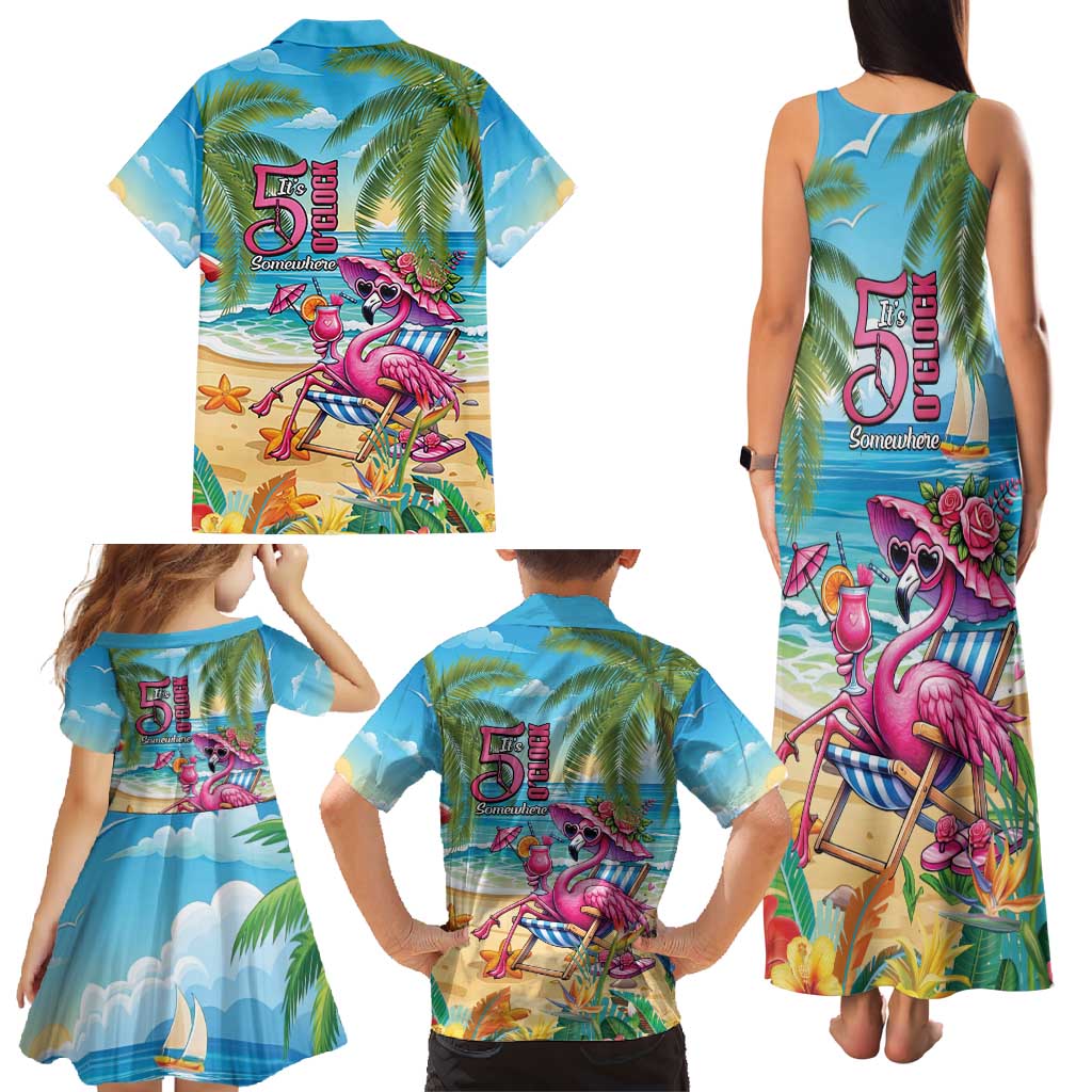 Flamingo Aloha Hawaii Family Matching Tank Maxi Dress and Hawaiian Shirt It's 5 O’Clock Somewhere Tropical Vibes - Polynesian Pride