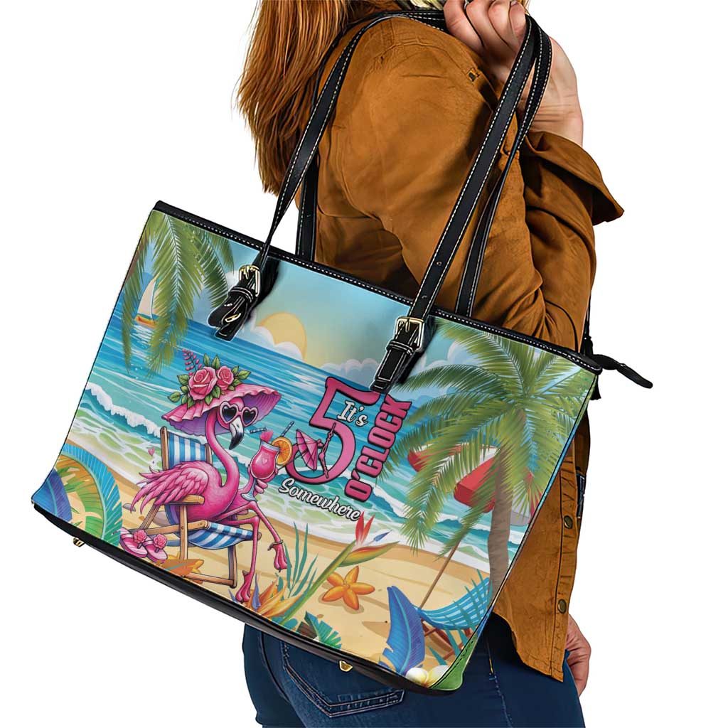Flamingo Aloha Hawaii Leather Tote Bag It's 5 O’Clock Somewhere Tropical Vibes - Polynesian Pride