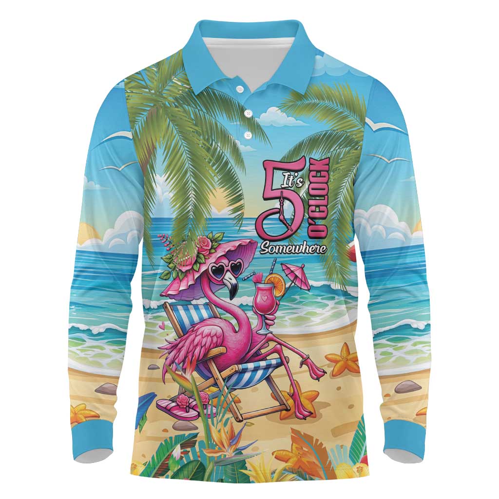 Flamingo Aloha Hawaii Long Sleeve Polo Shirt It's 5 O’Clock Somewhere Tropical Vibes - Polynesian Pride