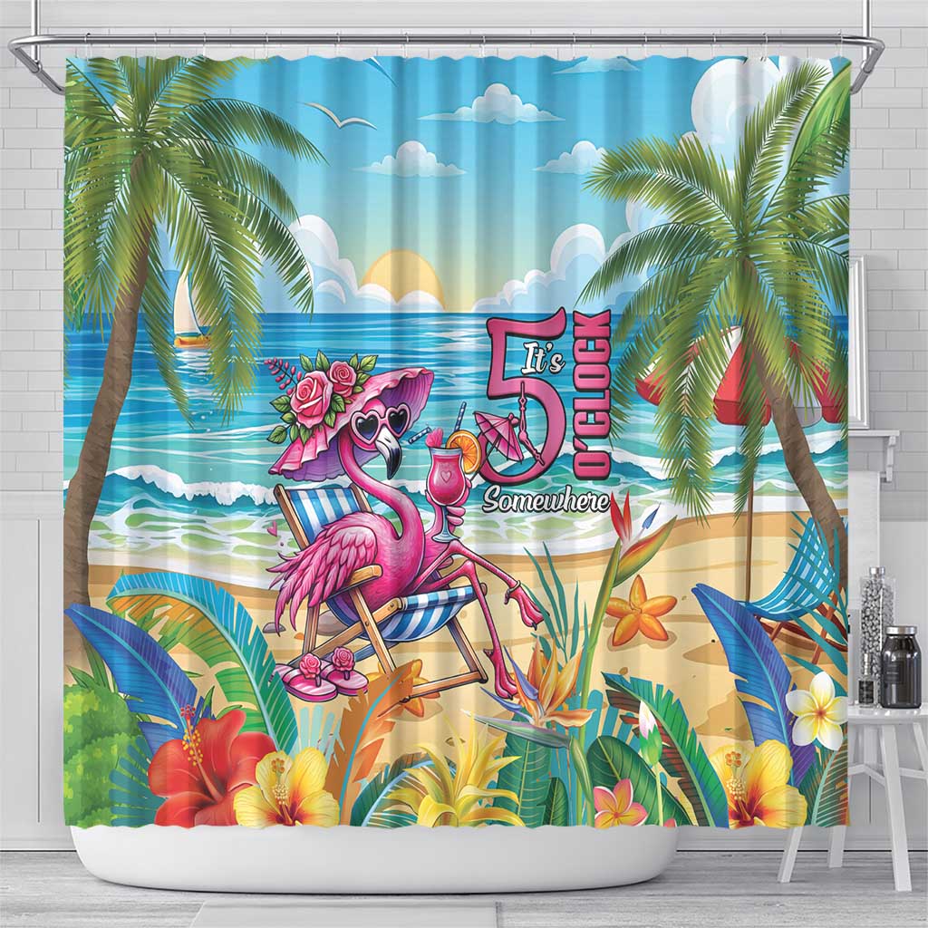Flamingo Aloha Hawaii Shower Curtain It's 5 O’Clock Somewhere Tropical Vibes - Polynesian Pride