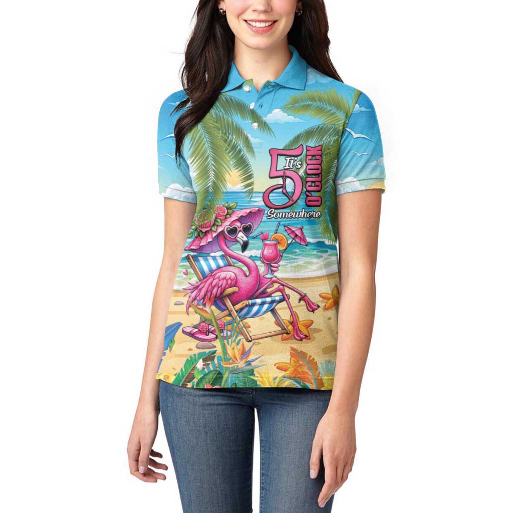 Flamingo Aloha Hawaii Women Polo Shirt It's 5 O’Clock Somewhere Tropical Vibes - Polynesian Pride