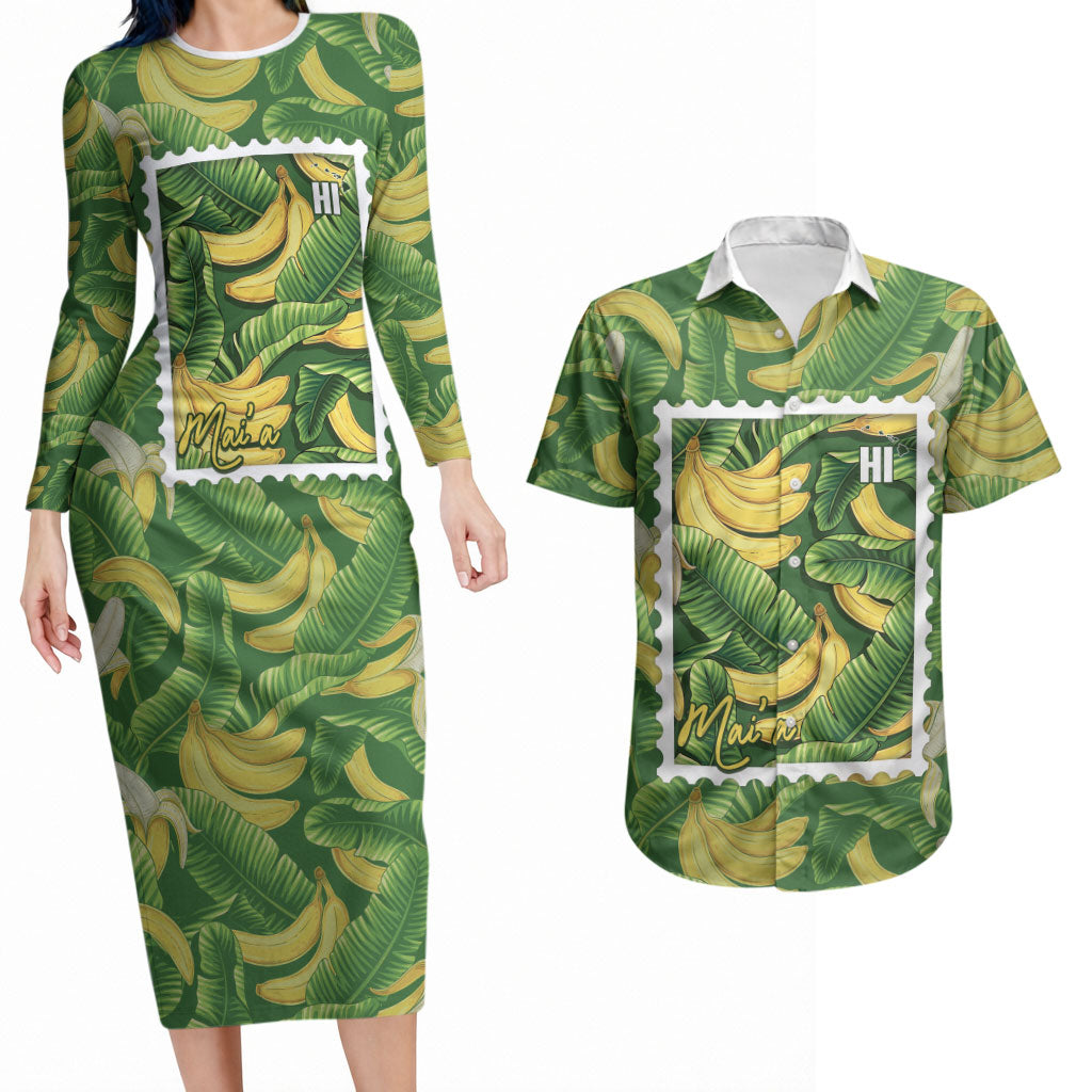 Aloha Hawaii Maia Couples Matching Long Sleeve Bodycon Dress and Hawaiian Shirt Hawaiian Banana Stylized Stamp LT14 Green - Polynesian Pride