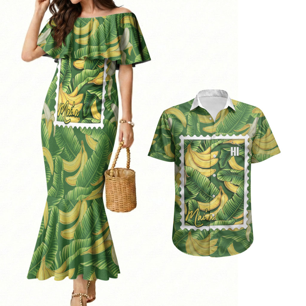Aloha Hawaii Maia Couples Matching Mermaid Dress and Hawaiian Shirt Hawaiian Banana Stylized Stamp LT14 Green - Polynesian Pride