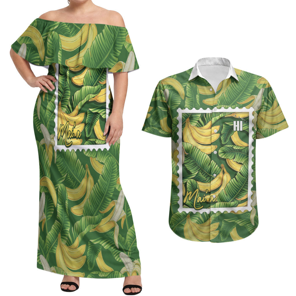 Aloha Hawaii Maia Couples Matching Off Shoulder Maxi Dress and Hawaiian Shirt Hawaiian Banana Stylized Stamp LT14 Green - Polynesian Pride