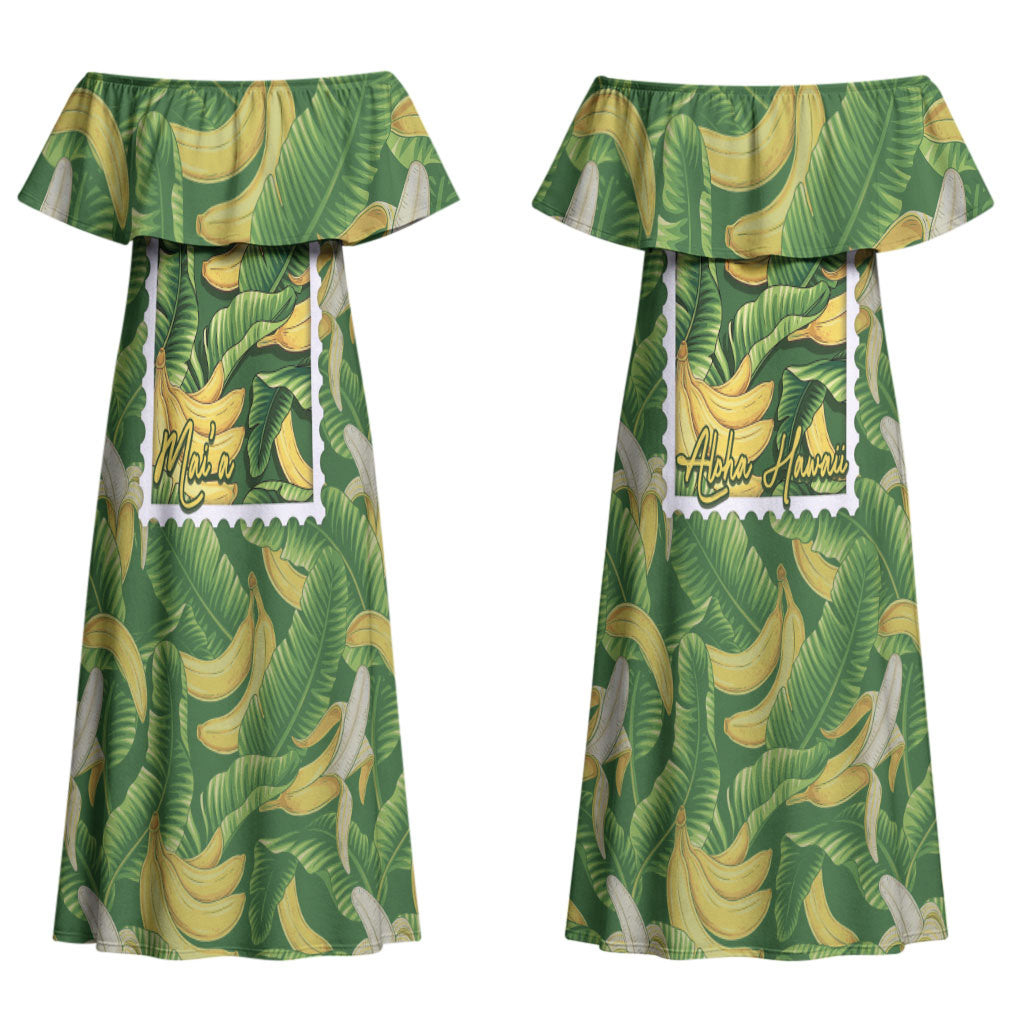 Aloha Hawaii Maia Couples Matching Off Shoulder Maxi Dress and Hawaiian Shirt Hawaiian Banana Stylized Stamp LT14 - Polynesian Pride