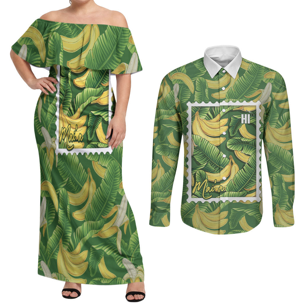 Aloha Hawaii Maia Couples Matching Off Shoulder Maxi Dress and Long Sleeve Button Shirt Hawaiian Banana Stylized Stamp LT14 Green - Polynesian Pride