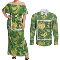 Aloha Hawaii Maia Couples Matching Off Shoulder Maxi Dress and Long Sleeve Button Shirt Hawaiian Banana Stylized Stamp LT14 Green - Polynesian Pride