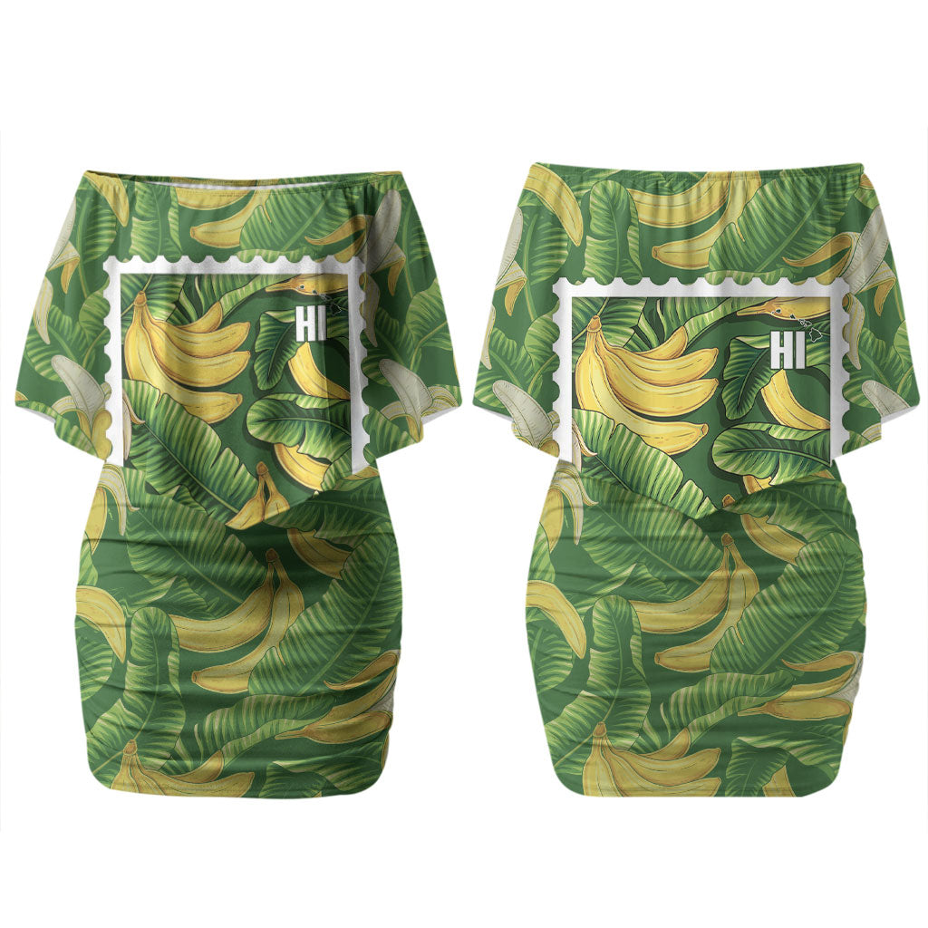 Aloha Hawaii Maia Couples Matching Off Shoulder Short Dress and Hawaiian Shirt Hawaiian Banana Stylized Stamp LT14 - Polynesian Pride