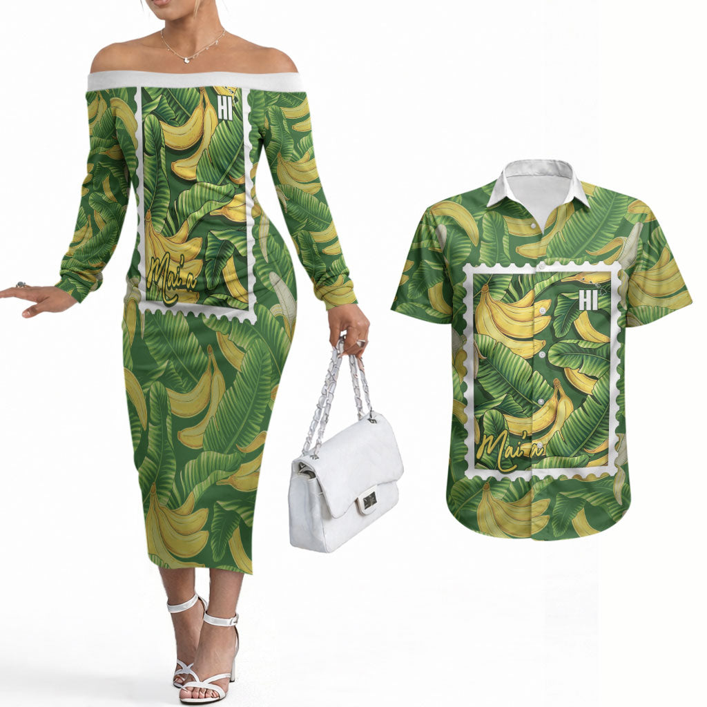 Aloha Hawaii Maia Couples Matching Off The Shoulder Long Sleeve Dress and Hawaiian Shirt Hawaiian Banana Stylized Stamp LT14 Green - Polynesian Pride