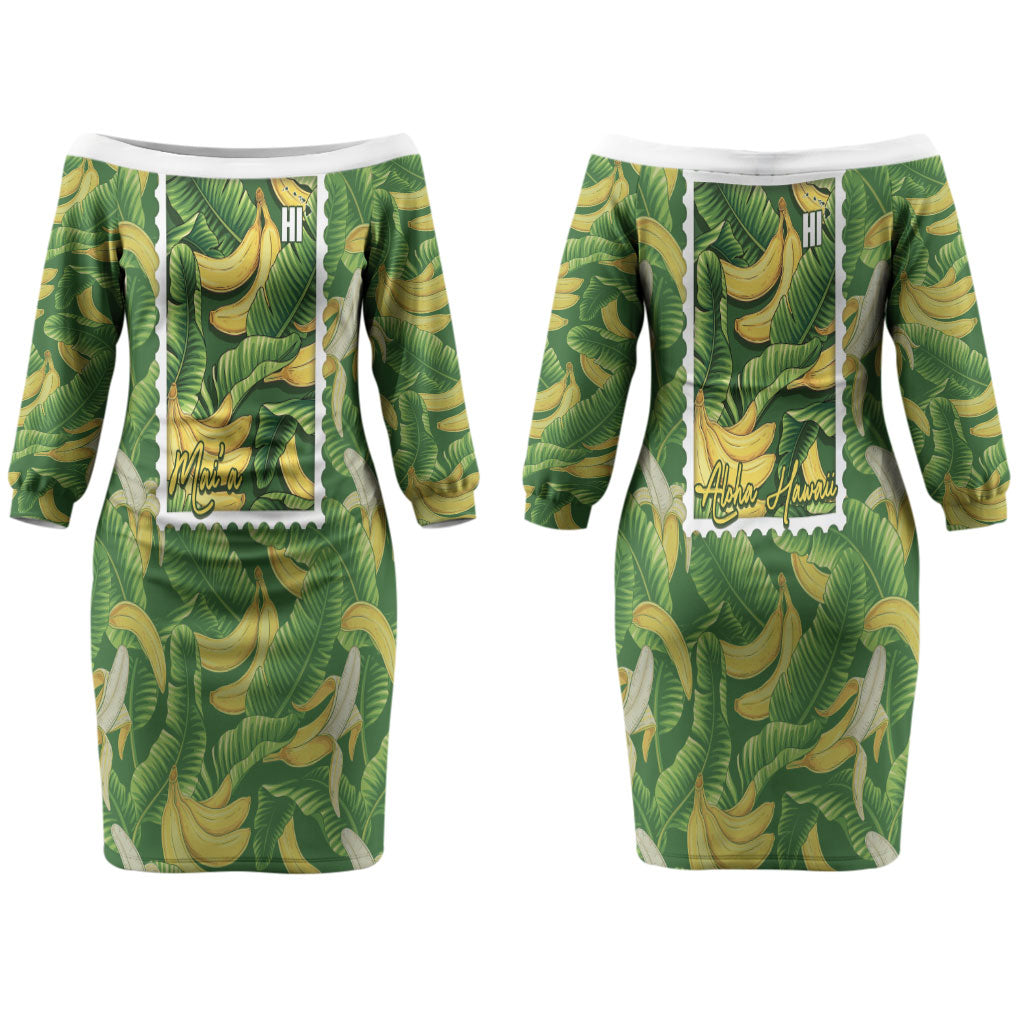 Aloha Hawaii Maia Couples Matching Off The Shoulder Long Sleeve Dress and Hawaiian Shirt Hawaiian Banana Stylized Stamp LT14 - Polynesian Pride