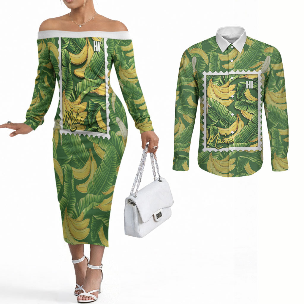 Aloha Hawaii Maia Couples Matching Off The Shoulder Long Sleeve Dress and Long Sleeve Button Shirt Hawaiian Banana Stylized Stamp LT14 Green - Polynesian Pride