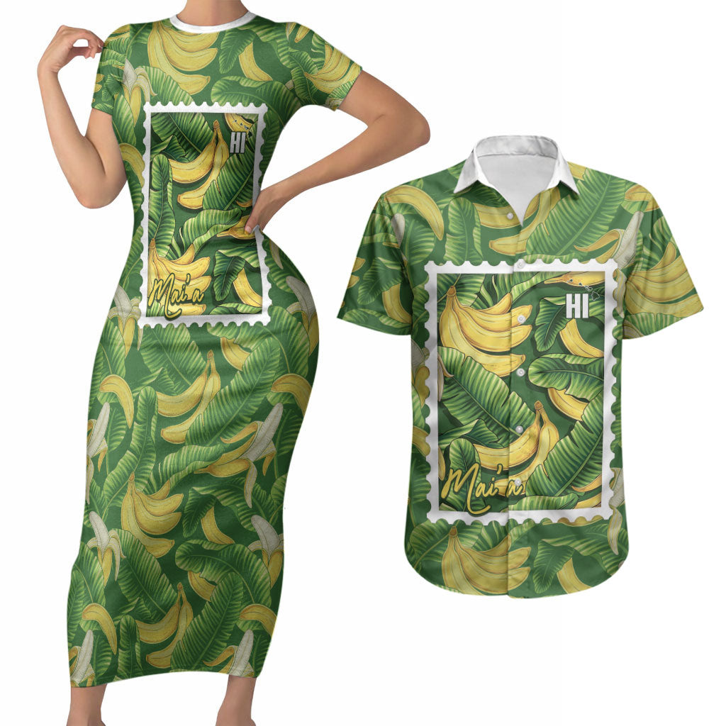 Aloha Hawaii Maia Couples Matching Short Sleeve Bodycon Dress and Hawaiian Shirt Hawaiian Banana Stylized Stamp LT14 Green - Polynesian Pride