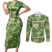 Aloha Hawaii Maia Couples Matching Short Sleeve Bodycon Dress and Long Sleeve Button Shirt Hawaiian Banana Stylized Stamp LT14 Green - Polynesian Pride