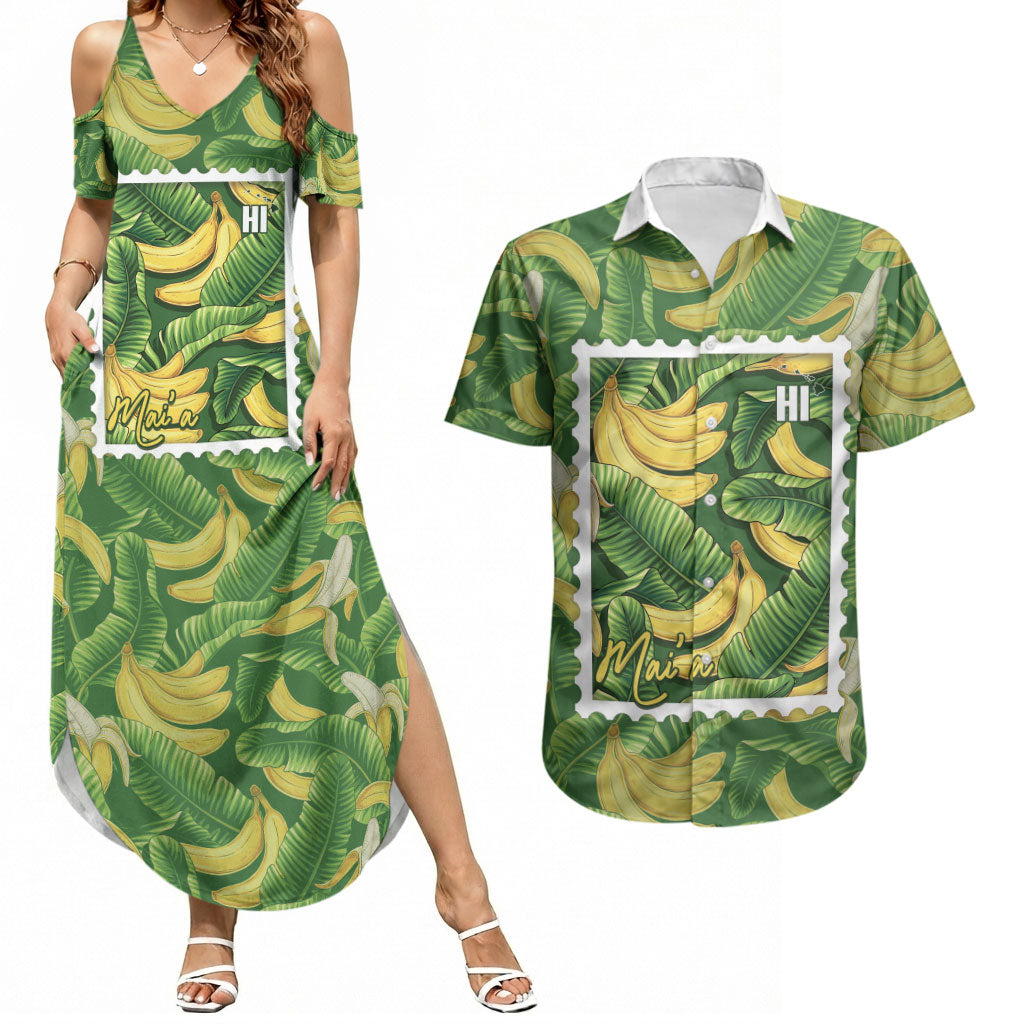 Aloha Hawaii Maia Couples Matching Summer Maxi Dress and Hawaiian Shirt Hawaiian Banana Stylized Stamp LT14 Green - Polynesian Pride