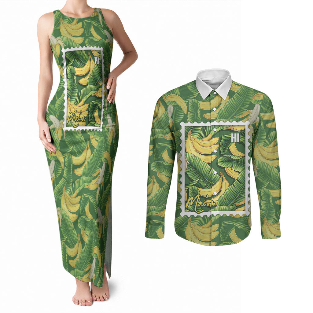 Aloha Hawaii Maia Couples Matching Tank Maxi Dress and Long Sleeve Button Shirt Hawaiian Banana Stylized Stamp LT14 Green - Polynesian Pride