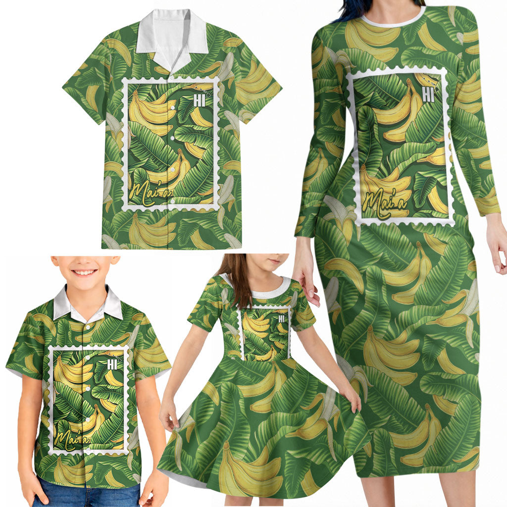 Aloha Hawaii Maia Family Matching Long Sleeve Bodycon Dress and Hawaiian Shirt Hawaiian Banana Stylized Stamp LT14 - Polynesian Pride
