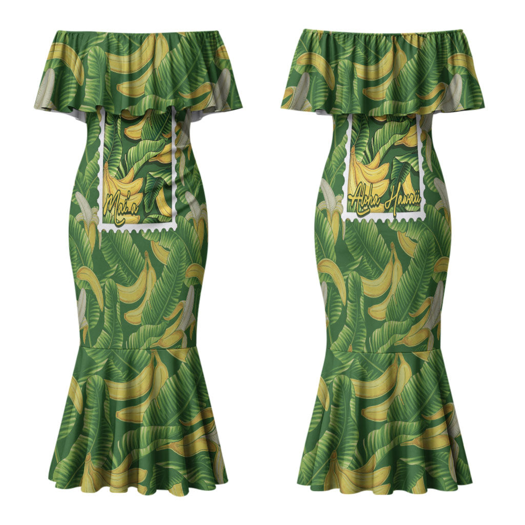 Aloha Hawaii Maia Family Matching Mermaid Dress and Hawaiian Shirt Hawaiian Banana Stylized Stamp LT14 Mom's Dress Green - Polynesian Pride