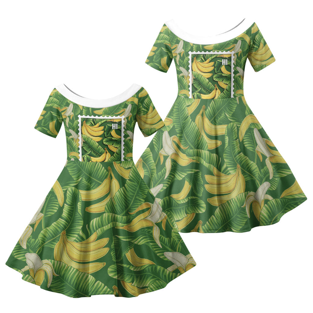 Aloha Hawaii Maia Family Matching Mermaid Dress and Hawaiian Shirt Hawaiian Banana Stylized Stamp LT14 Daughter's Dress Green - Polynesian Pride