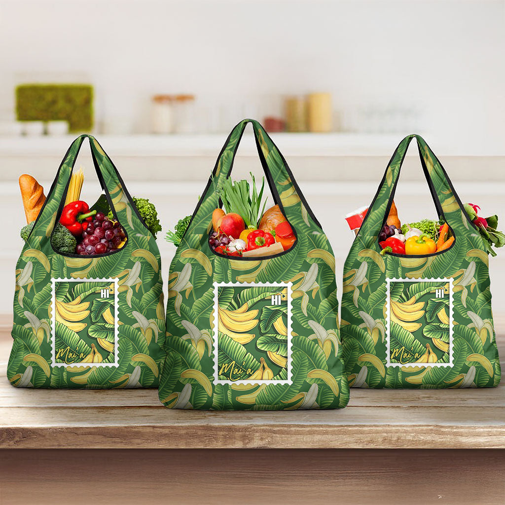 Aloha Hawaii Maia Grocery Bag Hawaiian Banana Stylized Stamp LT14 3-pack One Size Green - Polynesian Pride