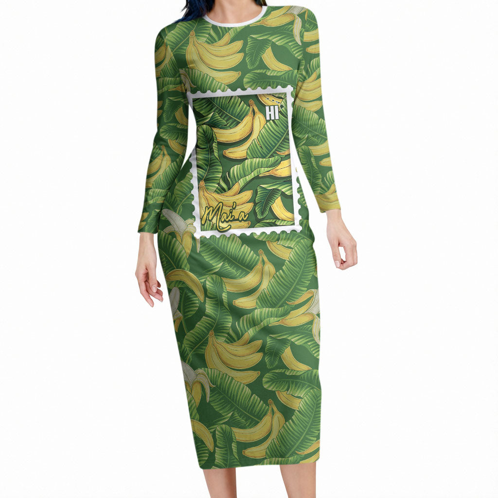 Aloha Hawaii Maia Long Sleeve Bodycon Dress Hawaiian Banana Stylized Stamp LT14 Long Dress Green - Polynesian Pride