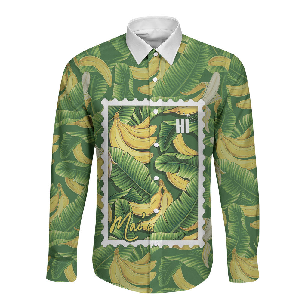 Aloha Hawaii Maia Long Sleeve Button Shirt Hawaiian Banana Stylized Stamp LT14 Unisex Green - Polynesian Pride