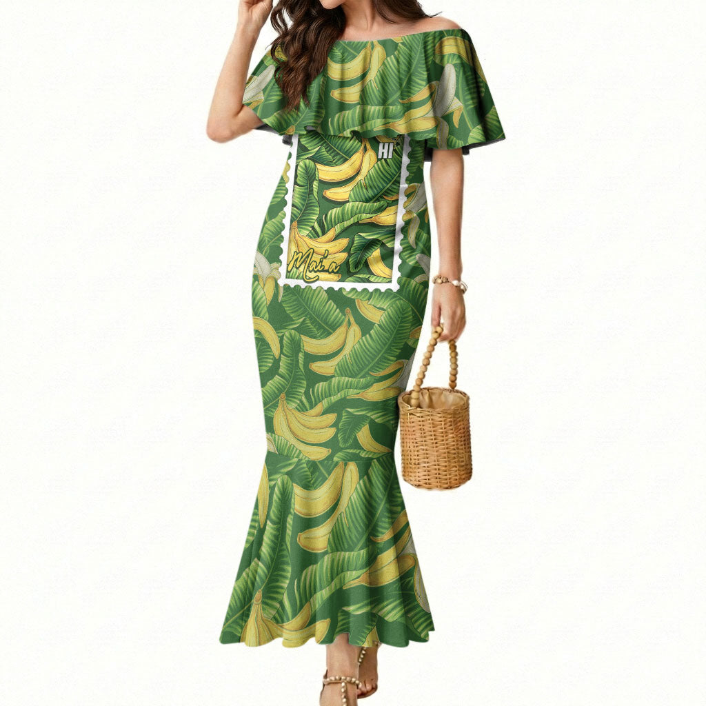 Aloha Hawaii Maia Mermaid Dress Hawaiian Banana Stylized Stamp LT14 Women Green - Polynesian Pride